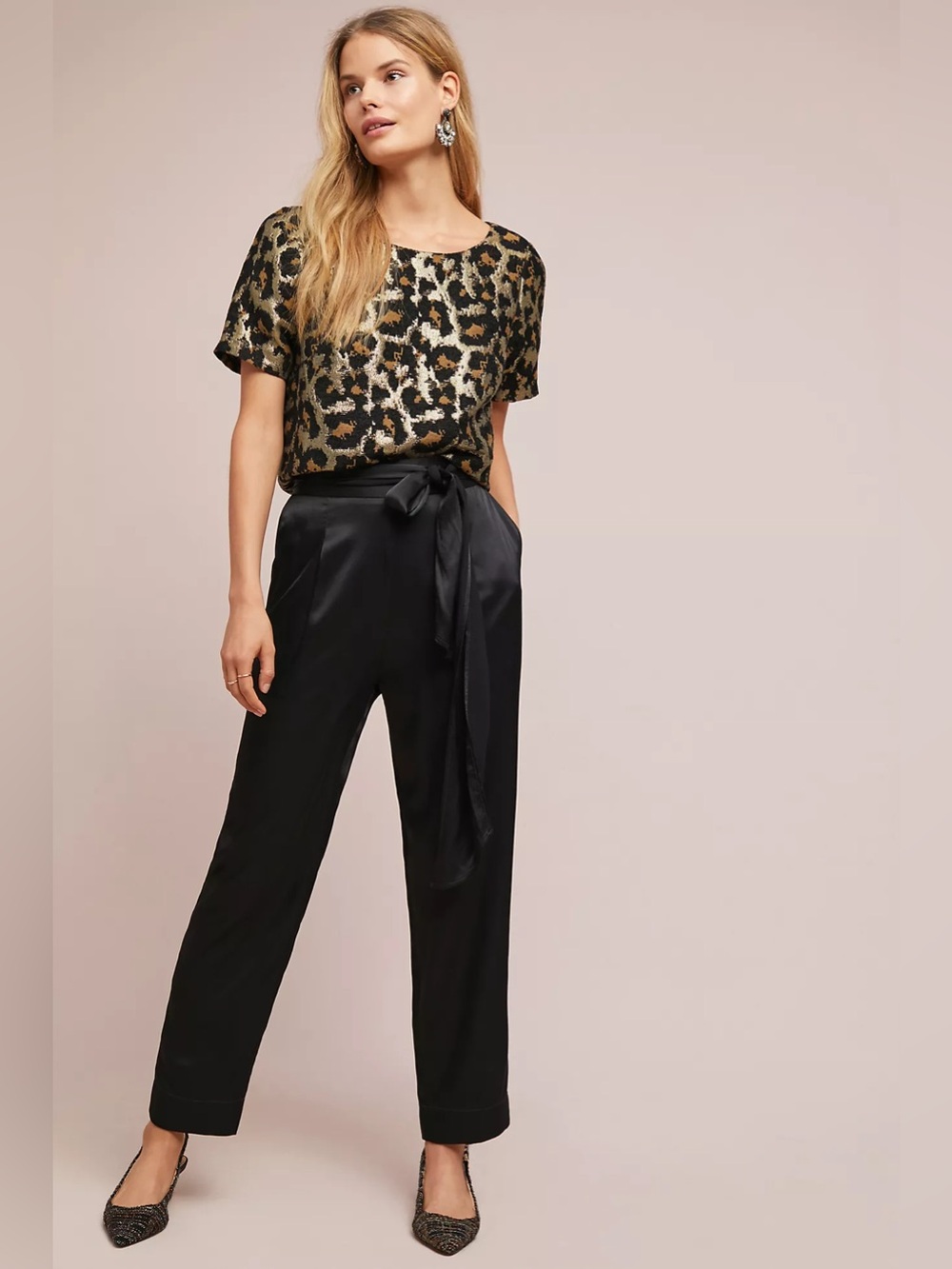 Hutch Anthropologie Leopard Top S Metallic Jacquard Ribbon Tie Back Holiday